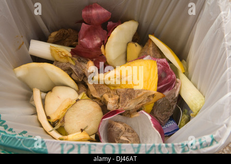Chiudere i rifiuti alimentari in un sacchetto fornito dalle autorità locali per la raccolta settimanale per il riciclaggio e la trasformazione in compost e venduto al pubblico Foto Stock