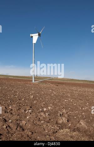 Turbina eolica contro un luminoso cielo blu su una farm. Foto Stock