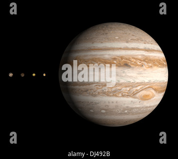 Un reso il confronto delle dimensioni del pianeta Giove e le quattro maggiori lune Ganimede, Callisto, Europa e io. Foto Stock