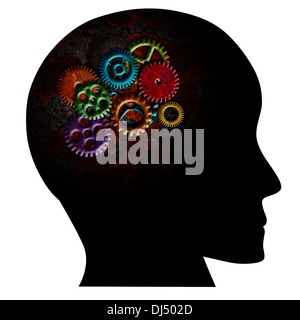 Rusty colorato ingranaggi di metallo sulla testa umana Silhouette Texture Grunge isolati su sfondo bianco Foto Stock