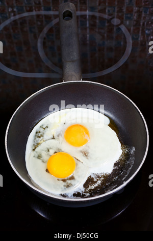 Due uova fritte in padella sul fornello elettrico Foto Stock