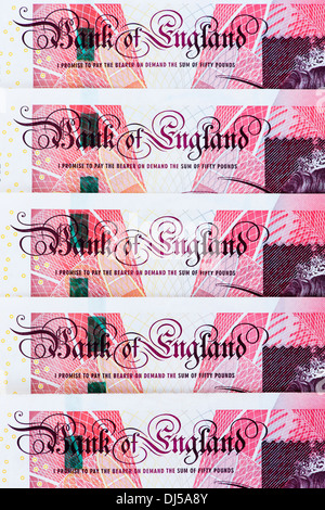 Banca d'Inghilterra scrivere sulla lingua inglese Cinquanta libbre modello di note Foto Stock