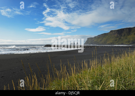 Lava nera Beach con il basalto di pile di Reynisdrangar in background; Vik, Vestur-Skaftafellssysla, Islanda Foto Stock