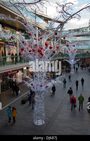 Liverpool ONE, Merseyside, Regno Unito 21 novembre 2013. Negozi di Natale e negozi e merchandising di Natale a Liverpool One, Regno Unito, che sono stati commerciati come normale nonostante il crollo di una struttura chalet in legno ieri. Il villaggio invernale del Mercatino di Natale di Liverpool si dice essere il suo migliore e con shopping fino a tarda notte da giovedì 10 novembre. Store Twenty One, Forever 21, Sconto vendita su articoli selezionati, Merseyside, Regno Unito. Foto Stock