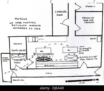Dallas, Texas, Stati Uniti d'America. 22 Novembre, 2013. Schema dell'obitorio presso la US Naval Hospital di Bethesda, Maryland, dove l'autopsia e imbalsamazione di John F. Kennedy il corpo è stato eseguito su 22 Novembre 1963. Credito: Brian Cahn/ZUMAPRESS.com/Alamy Live News Foto Stock