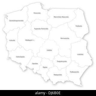 Mappa di Polonia con voivodati e le principali città su bianco proiettata in UTM sistema di coordinate. Il polacco voivodati di etichette / nomi. Foto Stock