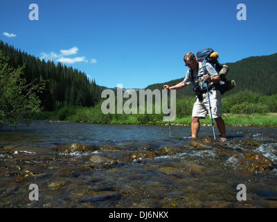 Mike Vining guadare il fiume Conejos vicino a tre forcelle Jct. A sud di San Juan Wilderness Area Colorado USA Foto Stock