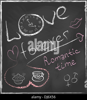 Amore per sempre e la romantica concezione del tempo disegnata a mano sulla lavagna con orologio astratto e impostare con cuori, tazza da caffè e torta Foto Stock