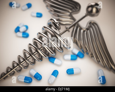 Pillole e caduceo farmacia simbolo bianco su sfondo isolato. 3d Foto Stock