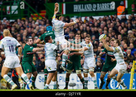 Leicester, Regno Unito. 23 Nov, 2013. Ian GOUGH (London Irish) vince la linea fuori la sfera durante l'Aviva Premiership Rugby Union fixture tra Leicester Tigers e London Irish da Welford Road. Credito: Azione Sport Plus/Alamy Live News Foto Stock