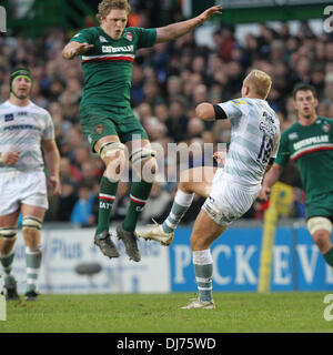 Leicester, Regno Unito. 23 Nov, 2013. Leicester Tigers&#x2019;s Jamie Gibson sfide Shane Geraghty in aria durante la Aviva Premiership Rugby Union fixture tra Leicester Tigers e London Irish da Welford Road. Credito: Azione Sport Plus/Alamy Live News Foto Stock