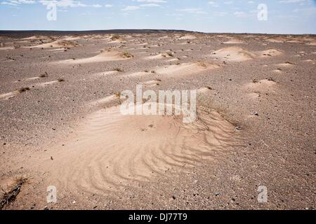 14 maggio 2012 - Deserto dei Gobi e Mongolia - diminuito la precipitazione e venti più forti, un prodotto dei cambiamenti climatici ha portato alla erosione di fertile terriccio e la espansione del deserto del Gobi. Pastorale mongola herders costituiscono uno dei più grandi del mondo rimanenti culture nomadi. Per millenni hanno vissuto nelle steppe, pascolare il loro bestiame sui lussureggianti prati. Ma oggi il loro stile di vita tradizionale è a rischio su più fronti. A fianco di un rapido cambiamento del panorama economico, il cambiamento climatico e la desertificazione sono anche minacciando di vita nomade, uccidendo entrambi i greggi al pascolo e la Foto Stock