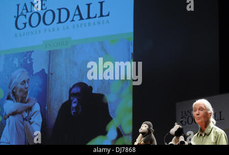 (131123) -- SANTIAGO, nov. 23, 2013 (Xinhua) -- Dott.ssa primatologa Jane Goodall, partecipa a una conferenza denominata "motivi di speranza", all'Università Cattolica del Cile a Santiago, capitale del Cile, su nov. 23, 2013. Jane Goodall ha dedicato la sua vita a studiare il comportamento degli scimpanzé in Africa e per promuovere stili di vita sustainables per il pianeta. Goodall sarà in visita in Cile fino a nov. 26 lo svolgimento di varie attività, secondo la stampa locale. (Xinhua/Jorge Villegas) (JP) (ce) Foto Stock