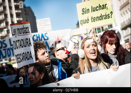 Madrid, Spagna. 23 Nov, 2013. Migliaia di persone protestano a Madrid per difendere il servizio pubblico e contro la "tutela della pubblica sicurezza legge". Questa legge permetterà alla polizia di stabilire '??zone di sicurezza'?ÃƒÂ¹ per impedire le congregazioni e include le ammende per i manifestanti fino a 30.000 euro, a Madrid, il 23 novembre 2013.Foto: Luca Piergiovanni/NurPhoto Credito: Luca Piergiovanni/NurPhoto/ZUMAPRESS.com/Alamy Live News Foto Stock