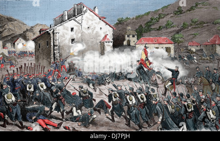 Spagna. Terza guerra carlista.1872-1876. Battaglia di Oroquieta, in Navarra. Il 4 maggio 1872. Incisione. Colorazione successiva. Foto Stock