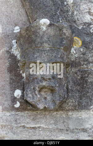 Faccia di pietra / gargoyle su San Edwards campanile di una chiesa in Corfe Castle, Dorset, Inghilterra Foto Stock