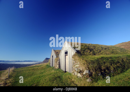 Tradizionale di pietra e case di tappeto erboso nello storico villaggio di Sel, affacciato sul ghiacciaio Vatnajokull National Park, Islanda Foto Stock