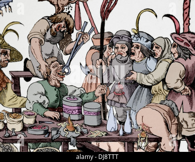 La storia della medicina. Dentista (barbieri o medici generali). Medioevo. La satira. Incisione colorata. Foto Stock