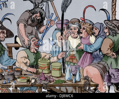 La storia della medicina. Dentista (barbieri o medici generali). Medioevo. La satira. Incisione colorata. Foto Stock