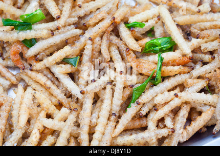 Fritte vermi di bambù guarnita con lo scalogno foglie, Thailandia Foto Stock