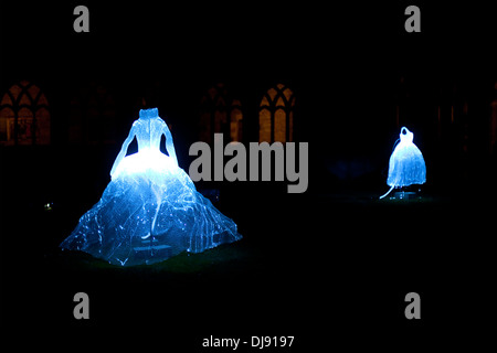 Un display di abiti illuminata presso il chiostro in Durham Cathedral durante la Durham Lumiere Festival, 2013. Foto Stock