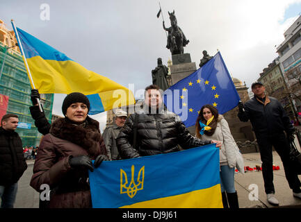 Praga, Repubblica Ceca . 25 Nov, 2013. Un gruppo di circa venti gli Ucraini che vivono nella Repubblica ceca, protesta contro il governo ucraino per la decisione di mettere in pausa l'integrazione con l'Unione europea, a Piazza Venceslao a Praga, nella Repubblica ceca il 25 novembre 2013. (CTK foto/Vit Simanek) Credito: CTK/Alamy Live News Foto Stock