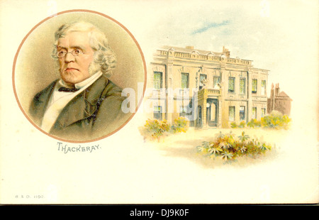 Cartolina Chromolithographed di William Makepeace Thackeray (1811-1863) e la sua casa di Londra Foto Stock