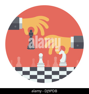 Concetto di illustrazione di due persone di affari giocando a scacchi e cercare di trovare la posizione strategica e tattica per spostare il successo Foto Stock