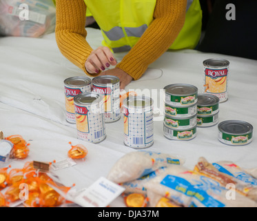 Volontari costruire kosher e ringraziamento Hanukkah themed le confezioni per alimenti Foto Stock