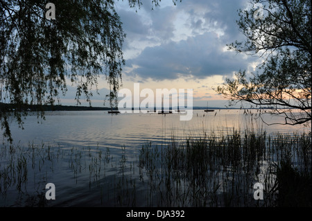 I riflessi del tramonto sul Lago Steinhuder am Meer in Germania. Foto Stock