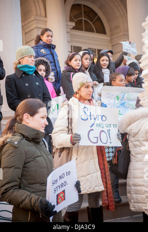 Una coalizione di gruppi ambientalisti raccogliere in un rally a City Hall di New York contro l'impiego di polistirolo Foto Stock