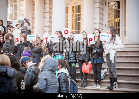 Una coalizione di gruppi ambientalisti raccogliere in un rally a City Hall di New York contro l'impiego di polistirolo Foto Stock