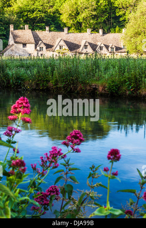 Vista sul Fiume Coln e il Rack Isle prato acqua al famoso Arlington Row case di villaggio Costwold di Bibury. Foto Stock