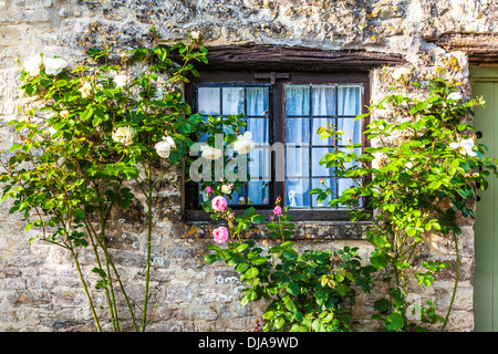 Con piombo finestra di luce circondata da rose nel famoso Arlington fila di tessitori' case di villaggio Costwold di Bibury. Foto Stock