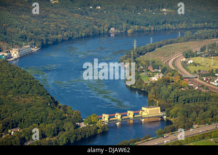 Vista aerea, Hengstey run-di-fiume stazione di potenza sul lago Hengsteysee, Herdecke, Hagen, Renania settentrionale-Vestfalia, Germania Foto Stock