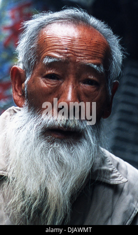 Il vecchio uomo cinese con una lunga barba bianca Foto Stock