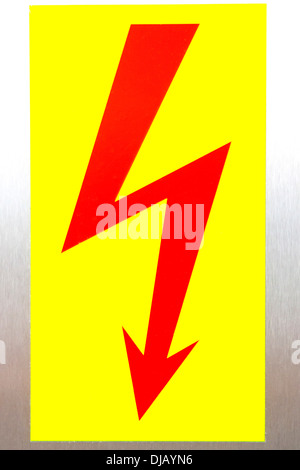 Segnale di avvertimento, elettricità fulmine di corrente ad alta tensione, Germania Foto Stock