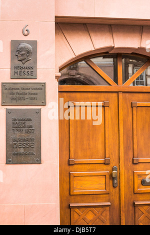 Lapide a casa dove lo scrittore tedesco e il premio nobel Hermann Hesse è nato, Calw, foresta nera, Germania Foto Stock