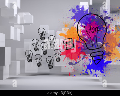 Lampadine della luce su schizzi sullo sfondo con cubi Foto Stock