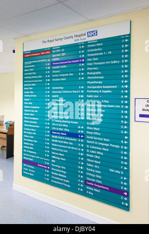 Grande segno di direzione per reparti e aree di trattamento all'interno del Royal Surrey County Hospital. Foto Stock