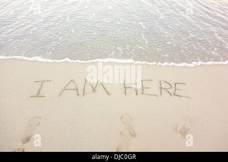 Il messaggio, io sono qui, scritto nella spiaggia di sabbia di St. Croix, U.S. Isole vergini per una felice turista. Foto Stock