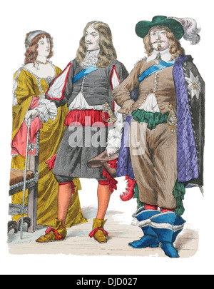 Xvii secolo XVII 1600s inglese costume aristocratico (da sinistra a destra) la contessa di Chesterfield,due cortigiani di Carlo II Foto Stock