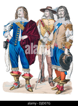 Xvii secolo XVII 1600s inglese costume aristocratico (da sinistra a destra) il visconte Grandison, Royalist soldato e nobile Foto Stock