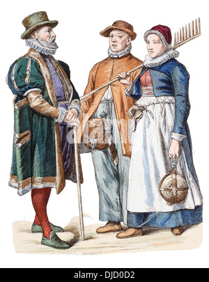 Fine del XVI secolo XVI 1500s costumi tedesco (da sinistra a destra) Mercante di Rostock e contadini di Rostock Foto Stock