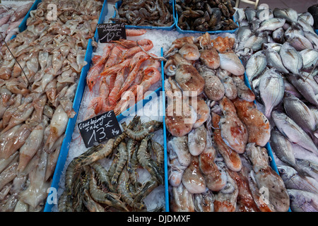 Visualizzazione di un pescivendolo al Marché des cappucini mercato nel quartiere di Noailles, centro storico, Marsiglia, Dipartimento Foto Stock