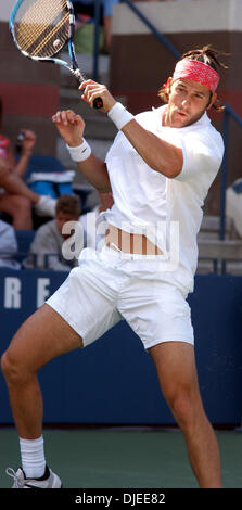 Sep 02, 2004; Flushing Meadows, NY, STATI UNITI D'AMERICA; JEROME GOLMARD di Francia restituisce un colpo di Tim Henman di Gran Bretagna durante il loro 2° round corrisponde a US Open a Flushing Meadows, NY. Henman sconfitto GOLMARD 6-2, 6-4, 6-4, 7-6 (7-1) in anticipo. Foto Stock