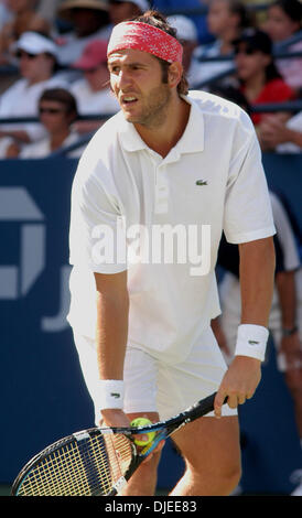 Sep 02, 2004; Flushing Meadows, NY, STATI UNITI D'AMERICA; JEROME GOLMARD della Francia pronti a servire a Tim Henman di Gran Bretagna durante il loro 2° round corrisponde a US Open a Flushing Meadows, NY. Henman sconfitto GOLMARD 6-2, 6-4, 6-4, 7-6 (7-1) in anticipo. Foto Stock