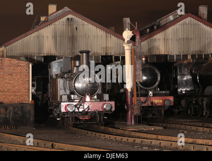 GWR 1400 Classe 0-4-2T n. 1466 & 7800 Classe 4-6-0 No.7808 Cookham Manor su capannone a Didcot durante la notte Foto Stock