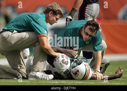 Oct 21, 2007 - Miami, Florida, Stati Uniti d'America - Delfini running back Ronnie Brown è frequentato per dopo essere feriti su un ritorno di intercettazione da patrioti #21 RANDALL GAY. (Credito Immagine: © Allen Eyestone/Palm Beach post/ZUMA Premere) Restrizioni: USA diritti tabloid fuori! Foto Stock