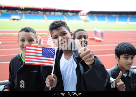 Atmosfera team olimpico USA prendere parte a una festa dello sport per la città di scolari presso Alexander Stadium, Perry Park. Birmingham, Inghilterra - 07.19.12. Foto Stock